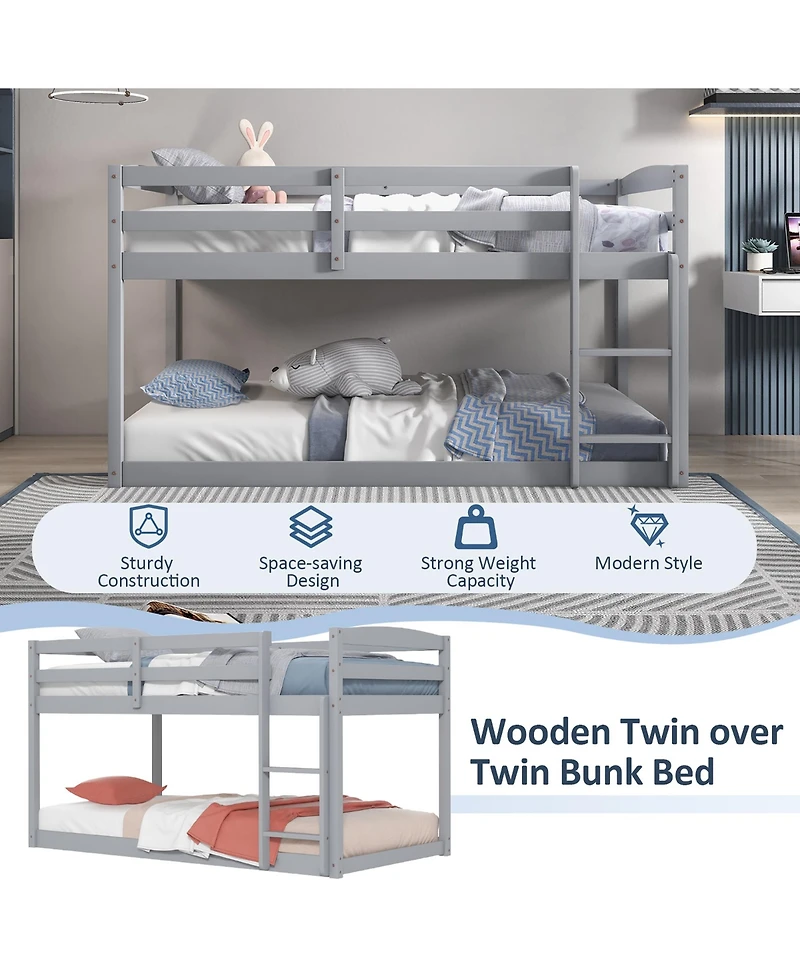 Costway Twin over Low Bunk Bed with Guardrails Integrated Ladder Kids Wooden