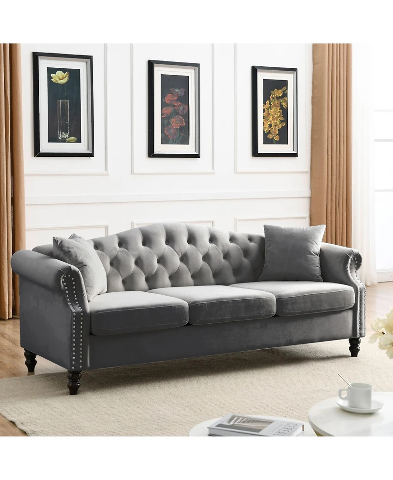 Streamdale Furniture Grey Velvet Chesterfield Sofa with Tufted Couch