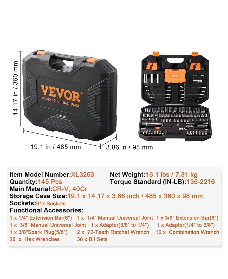 Sugift 145-Piece Professional Tool Set with Sae/Metric Sockets & Storage Case