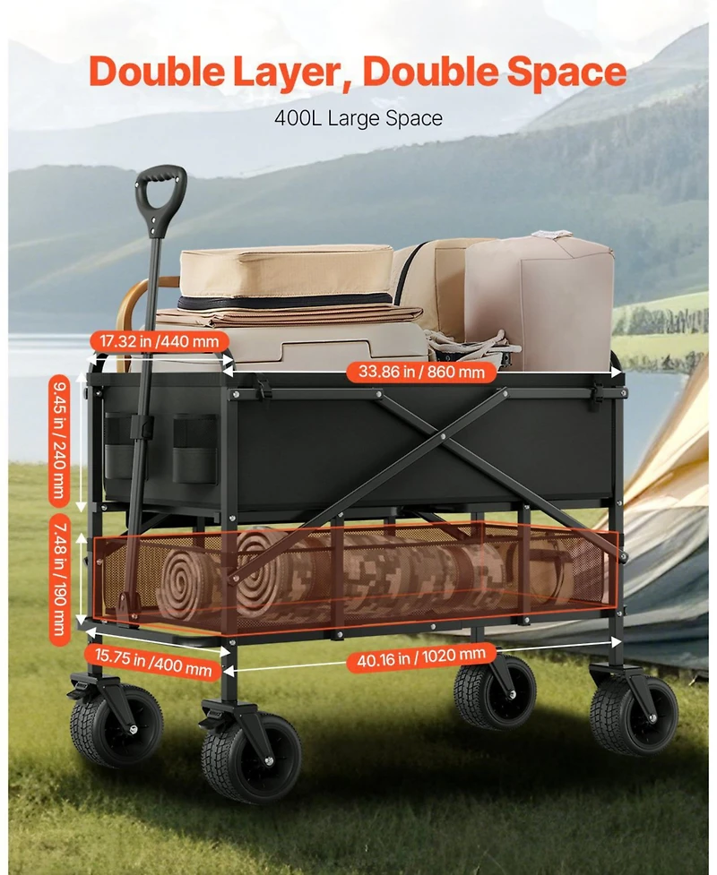 Sugift 400L Double Decker Collapsible Wagon with Extended Handle & 450 lb Weight Capacity
