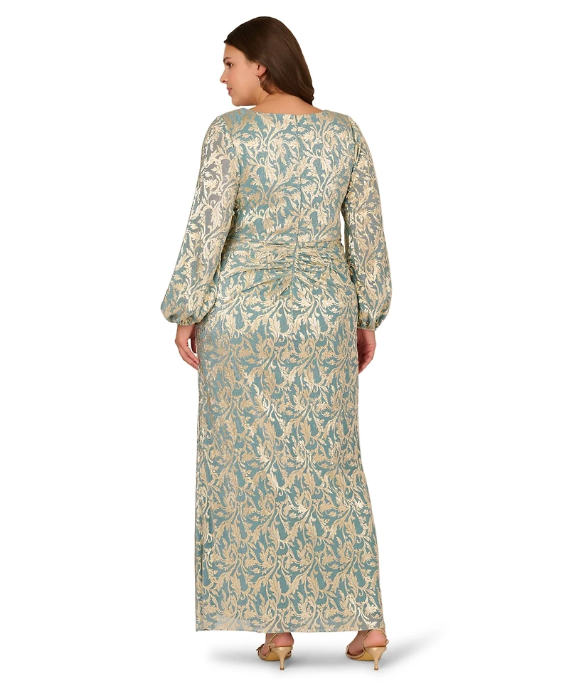 Adrianna Papell Plus Metallic Crinkle V-Neck Ball Gown