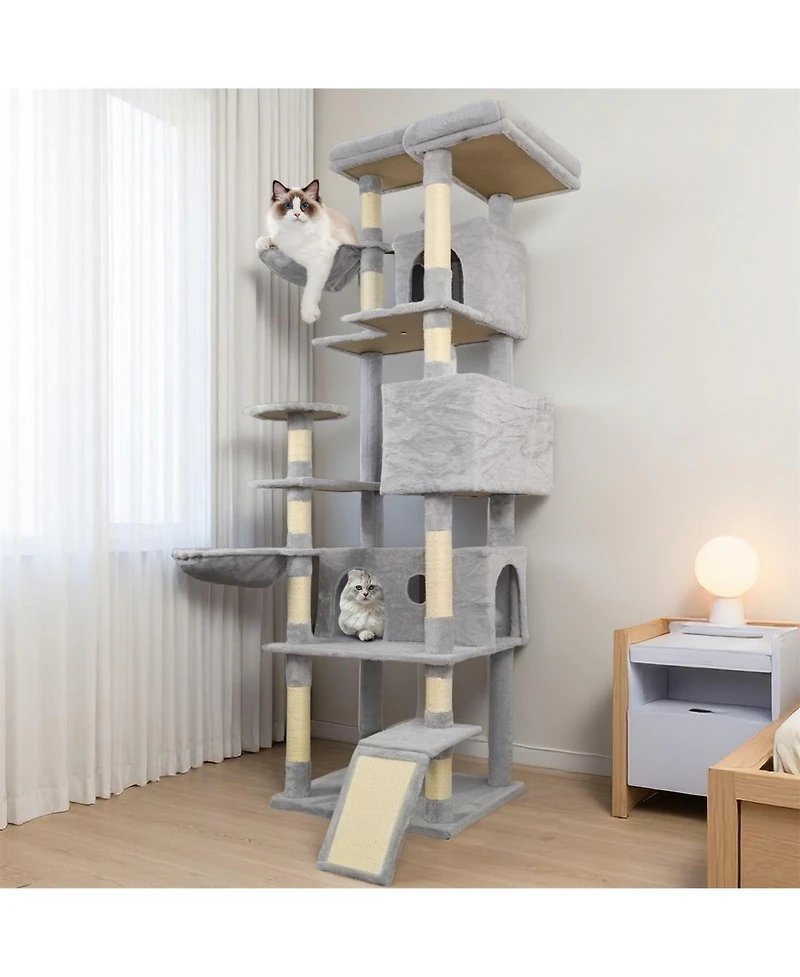 Aostirmotor 84.6'' Cat Tree with Wide Base, 3 Large Hinding Condo in Light Gray