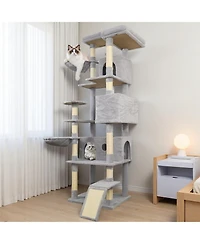 Aostirmotor 84.6'' Cat Tree with Wide Base, 3 Large Hinding Condo in Light Gray