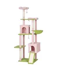 Aostirmotor 74" Flower Cat Tree with Scratching Post & Board in Pink