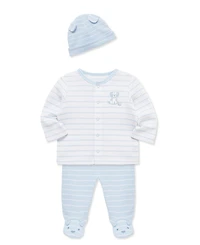 Little Me Baby Boys' Round Neck Cardigan, Footed Pants and Hat, 3-Piece Set