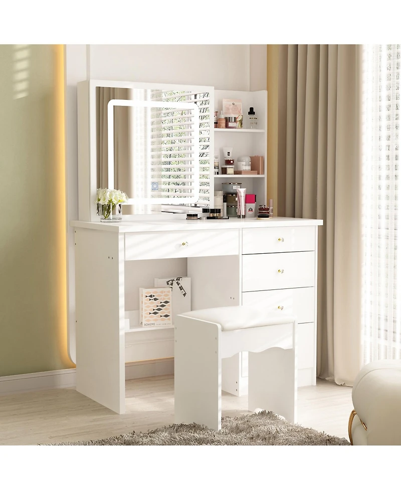 Famapy 5-Drawers White Makeup Vanity Sets Dressing Table Sets with Led Dimmable Mirror, Stool and 3-Tier Storage Shelves