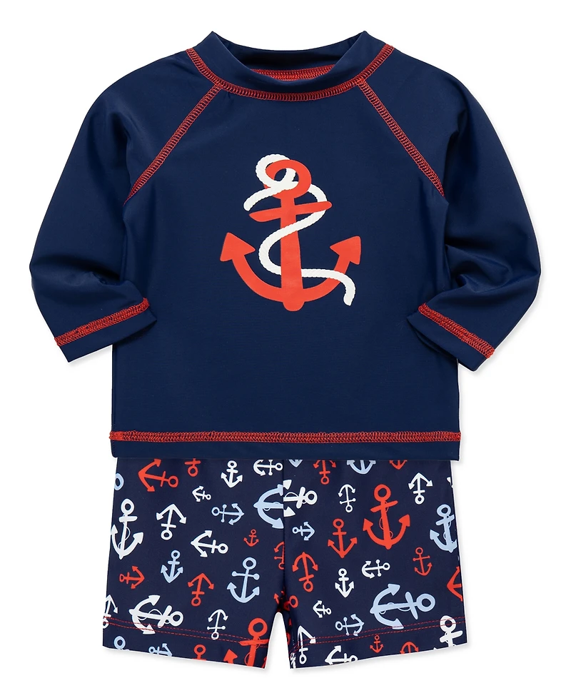 Little Me Baby Boys' Round Neck Rash Guard and Swim Trunks, 2-Piece Set