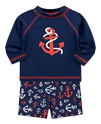 Little Me Baby Boys' Round Neck Rash Guard and Swim Trunks, 2-Piece Set