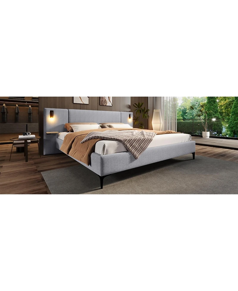 Lovmor Chic Linen Upholstered Bed with Integrated Lights and Shelves Grey Queen