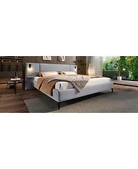 Lovmor Chic Linen Upholstered Bed with Integrated Lights and Shelves Grey Queen
