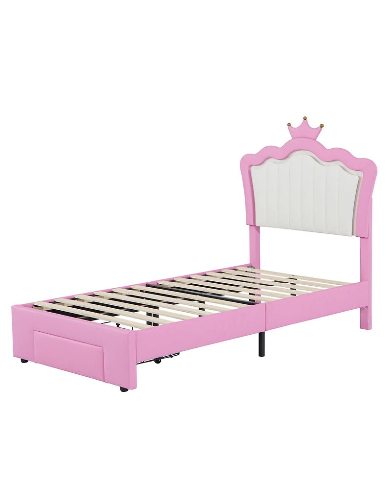 Lovmor Twin Size Upholstered Bed Frame with Led Lights Modern Upholstered Princess Bed with Crown Headboard a Drawer
