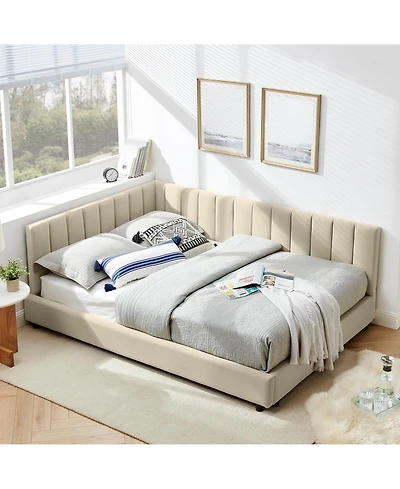 Lovmor Full Size Upholstered Tufted Bed Frame Sofa Bed Frame with Comfortable Backrest and Armrests Full Size Bed Velvet-Beige