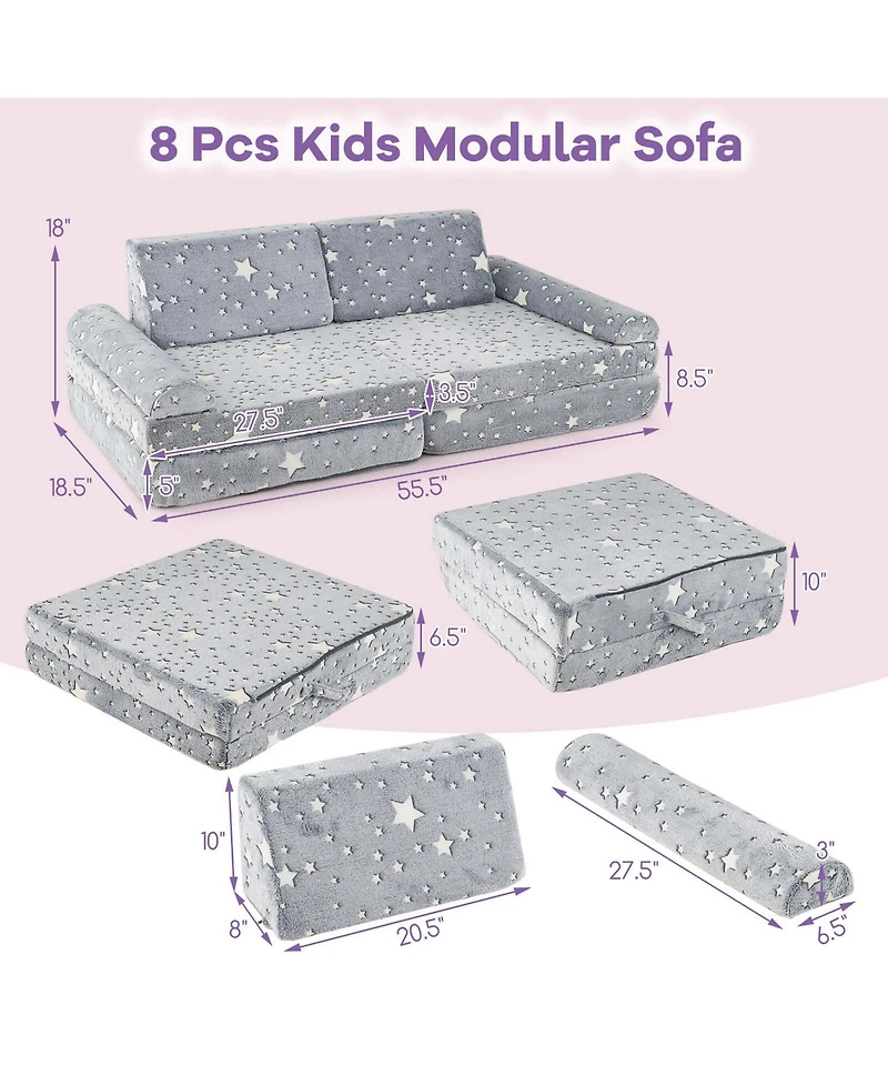 Costway 8 Pcs Modular Kids Play Couch with Handles Machine Washable Covers for Building Fort