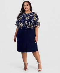 Connected Plus Floral- Chiffon Cape-Overlay Dress