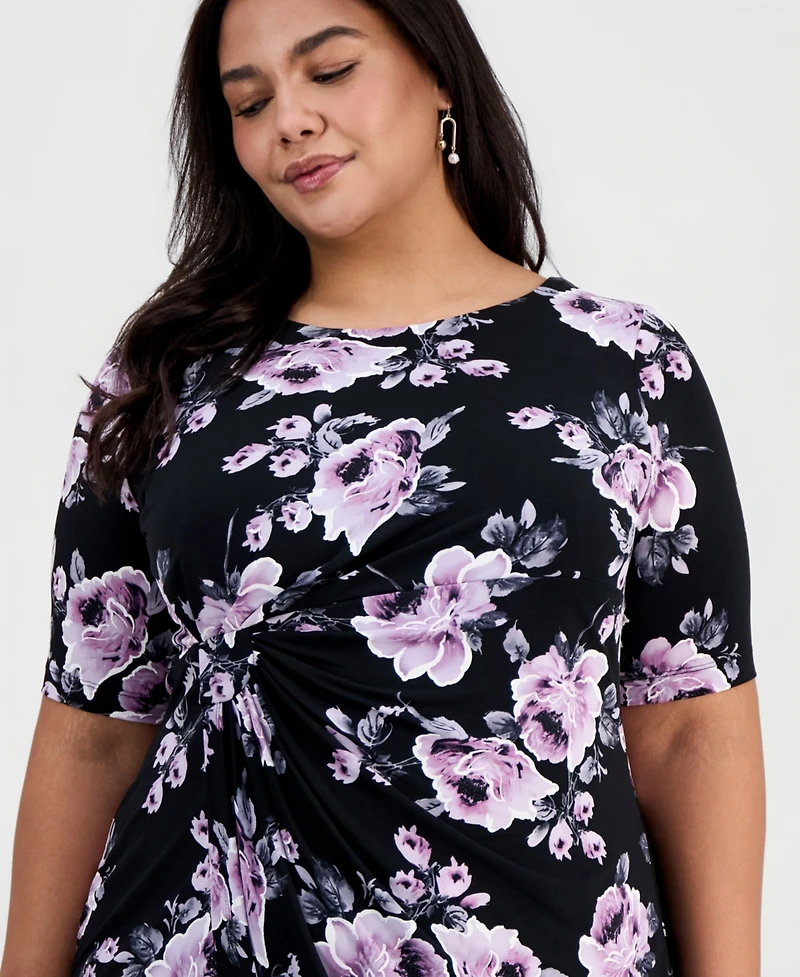 Connected Plus Floral Twist-Front Elbow-Sleeve Dress