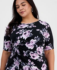 Connected Plus Floral Twist-Front Elbow-Sleeve Dress