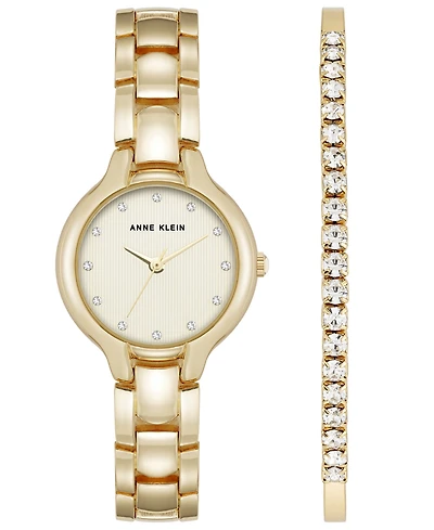Anne Klein Women's Quartz Crystal Accented Champagne Dial Gold-Tone Alloy Metal Watch Set, 28mm
