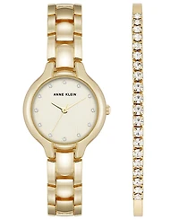 Anne Klein Women's Quartz Crystal Accented Champagne Dial Gold-Tone Alloy Metal Watch Set, 28mm