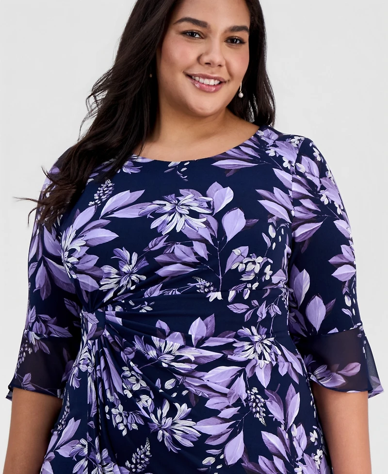 Connected Plus Floral Side-Ruched 3/4-Sleeve Dress