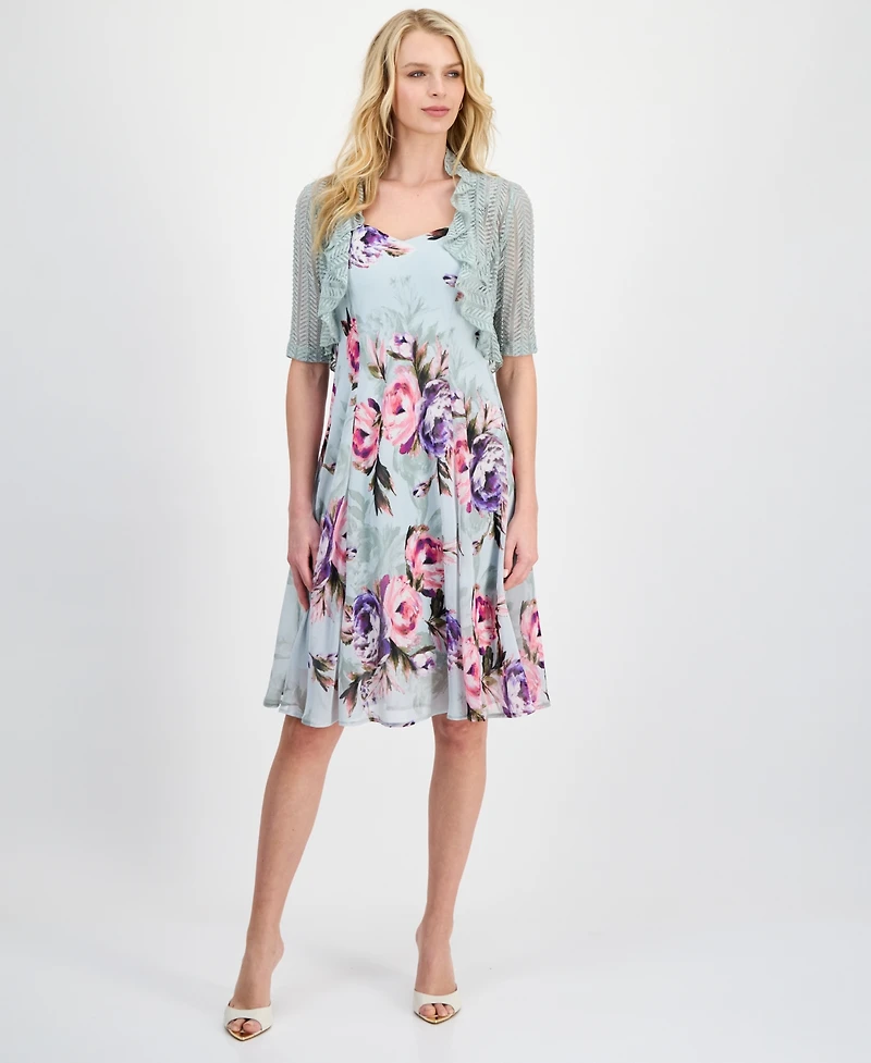 Connected Women's 2-Pc. Floral Chiffon Sleeveless Dress and Ruffle-Front Jacket