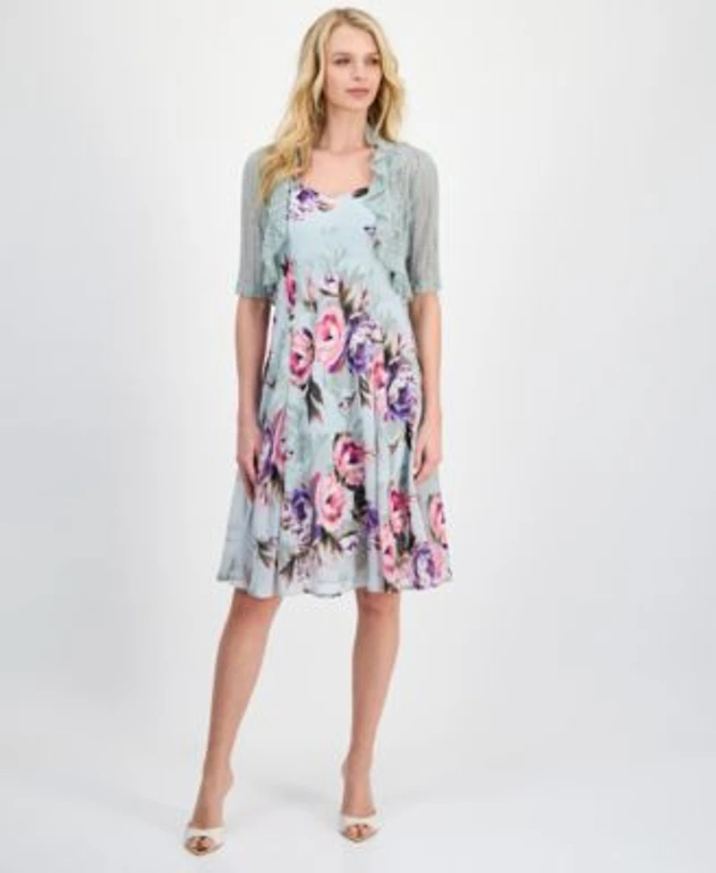 Connected Womens 2 Pc. Floral Chiffon Sleeveless Dress Ruffle Front Jacket