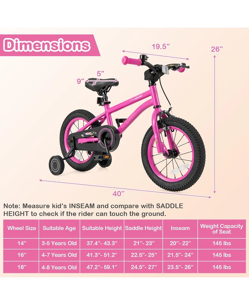 Sugift 14-Inch Kids Bike – Adjustable Toddler Bicycle with Removable Training Wheels, for Ages 3–8, Safe & Comfortable Ride