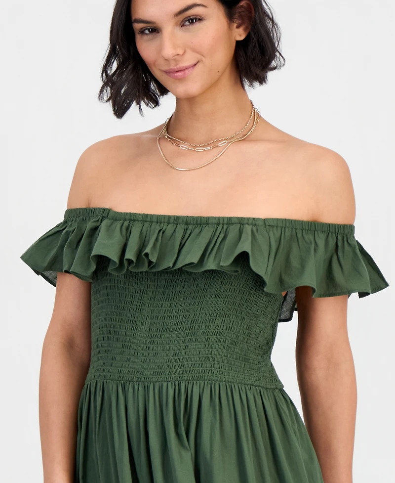 Dotti Women's Off-The-Shoulder Flounced Smocked Midi Dress