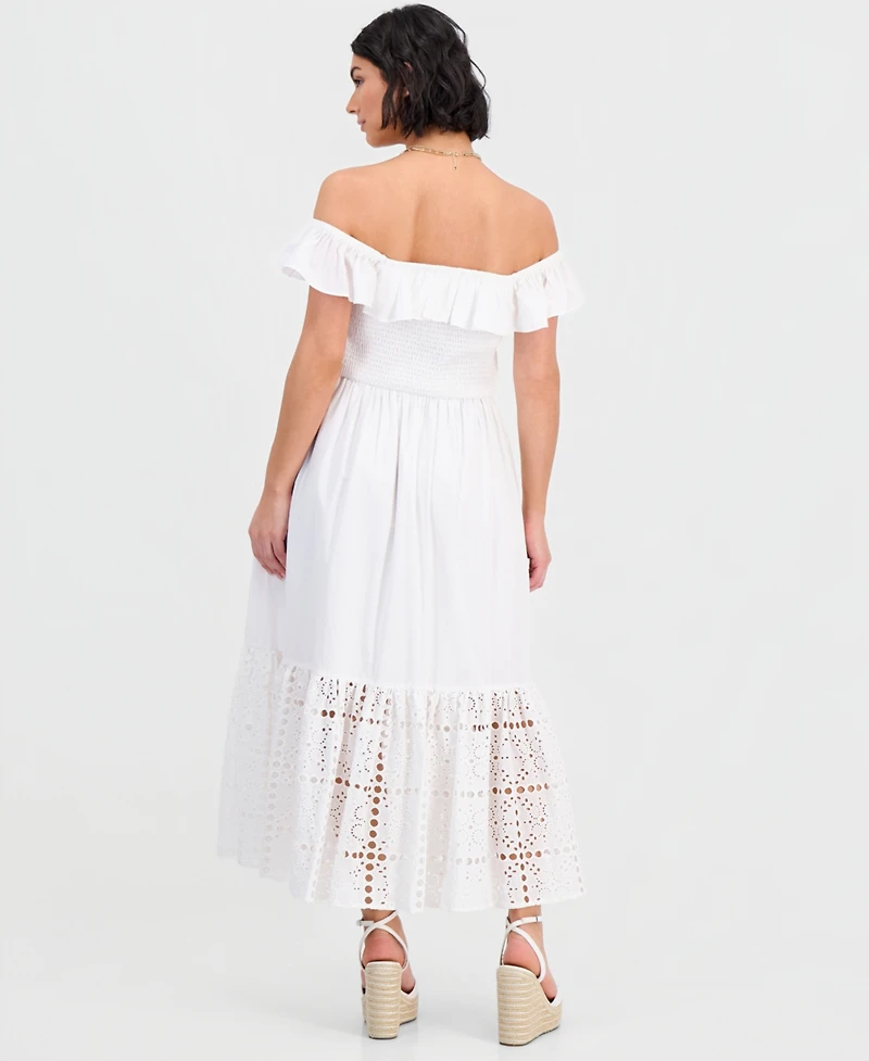 Dotti Women's Off-The-Shoulder Flounced Smocked Midi Dress
