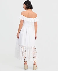 Dotti Women's Off-The-Shoulder Flounced Smocked Midi Dress