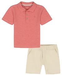 Calvin Klein Boys' Toddler 2T-4T Slub Pique Polo Shirt and Denim Shorts, 2-Piece Set