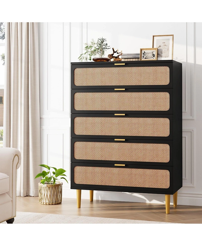 gaomon Rattan Dresser with 5 Drawers, Tall Modern Closet with Deep Storage