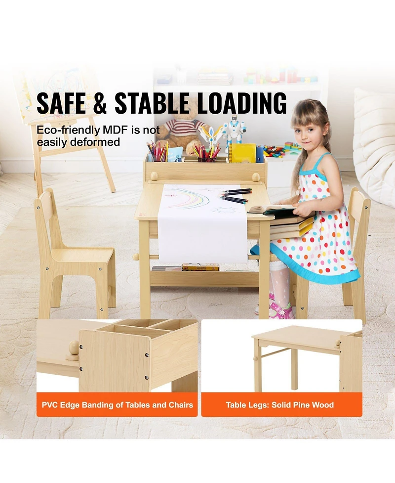 Slickblue Kids Art Table with 2 Chairs Wood Activity Table with Cabinet for Craft and Learning