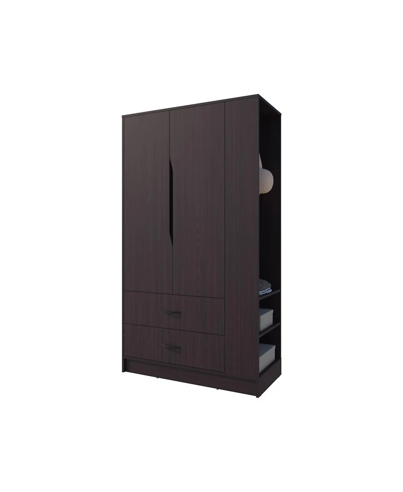 Fm Furniture Sehili 3-Door Wardrobe with Drawer, Side Shelves & Hanging Rods, Contemporary Wenge Finish