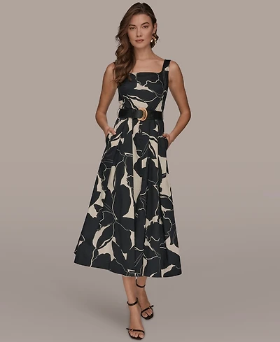 Donna Karan New York Petite Sleeveless Belted Midi A-Line Dress