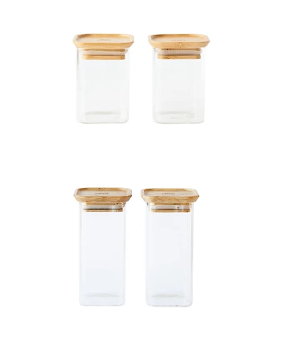 Pebbly Square Glass Bamboo Canisters for Spice Herbs, Set of 4