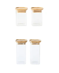 Pebbly Square Glass Bamboo Canisters for Spice Herbs, Set of 4