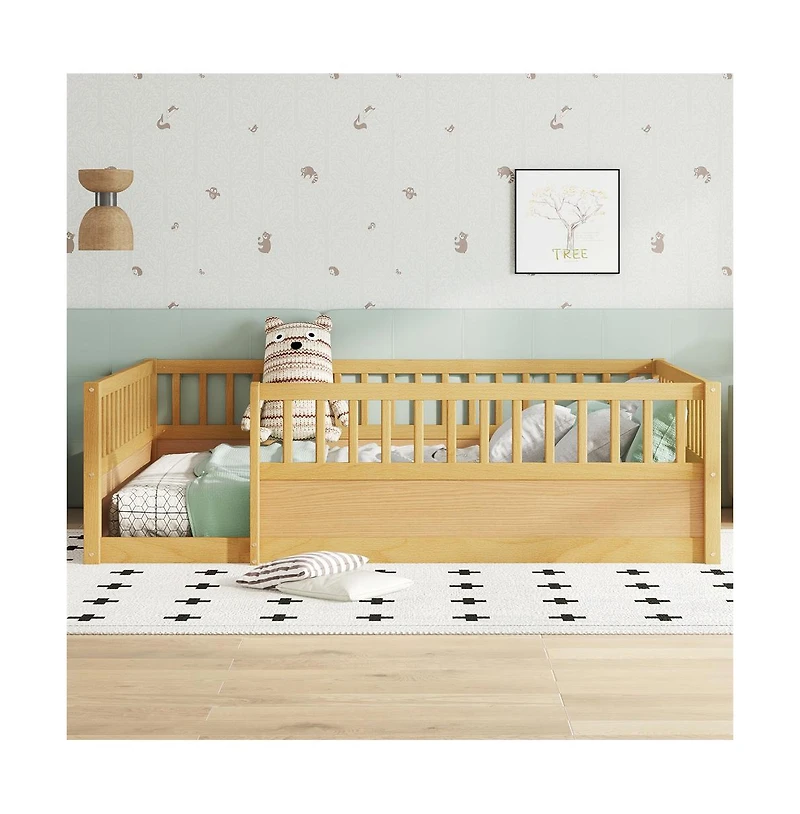 Cesicia Montessori Wooden Floor Bed with Safety Fence Kids Low Profile Play Bed Frame for Bedroom & Playroom