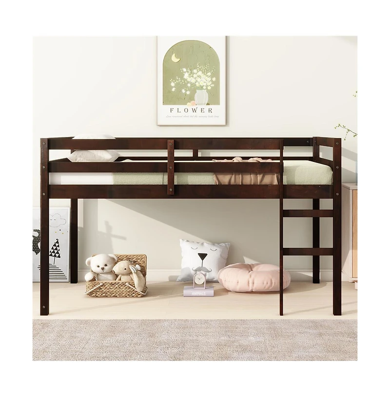Cesicia Twin Loft Bed with Ladder Rubber Wood Platform Storage Space & Guardrails