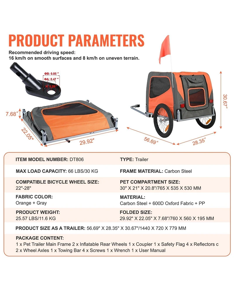 Cozito Foldable Pet Bike Trailer with Universal Coupler, Holds up to 66 lbs., Orange & Gray