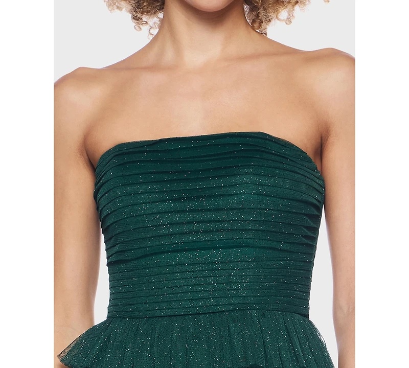 B Darlin Women's Strapless Side-Shirred Tiered Glitter Mini Dress