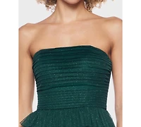 B Darlin Women's Strapless Side-Shirred Tiered Glitter Mini Dress