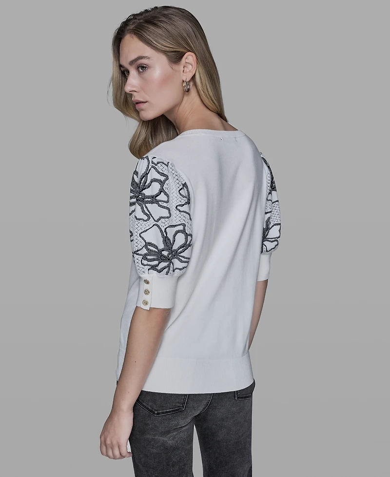 Karl Lagerfeld Paris Petite Floral Print V-Neck Sweater
