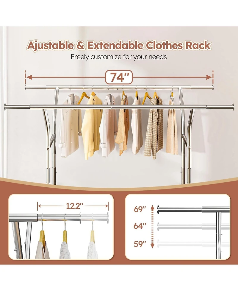 Raybee 74" W Heavy Duty Clothes Rack, Double Rods Clothing Rack Load 630 Lbs, Rolling Clothes Racks for Hanging Clothes 400+, Garment Rack