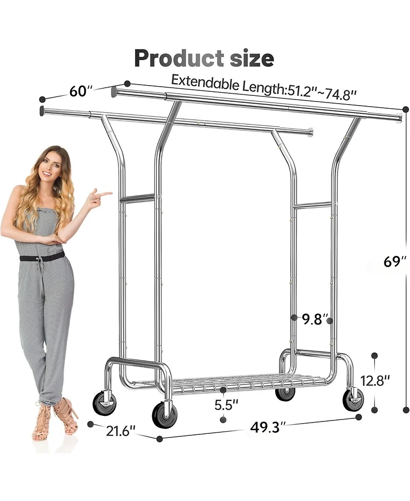 Raybee Double Rods Rolling Clothing Rack with 360° Lockable Wheels, Easy Assembly, Portable Adjustable Garment Rack with Shelves