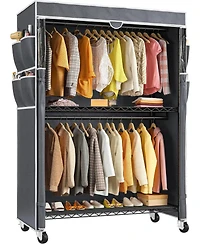 Raybee Clothes Rack with Cover, 81" H Clothing Racks for Hanging Clothes, Portable Closet with Wheels, Side Pockets and Adjustable Feets for Bedr