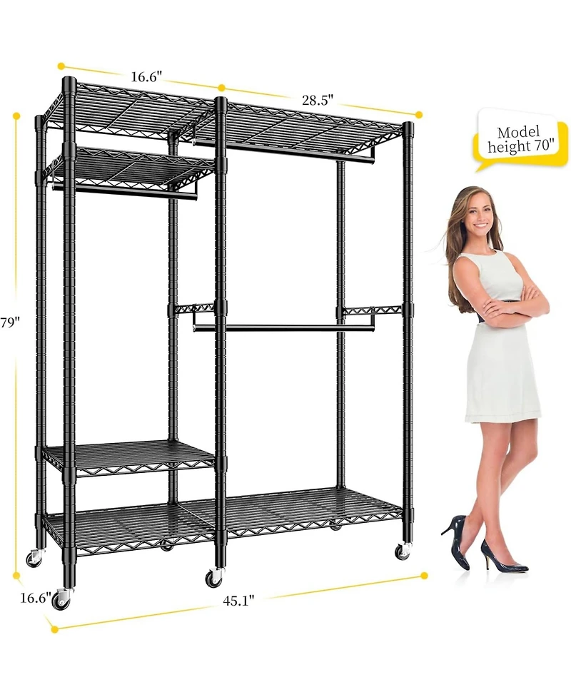 Raybee 79" H Clothes Rack Heavy Duty with Wheels, Clothing Rack for Hanging Clothes Rolling Portable Closet, 45" Wx17 Dx79 H