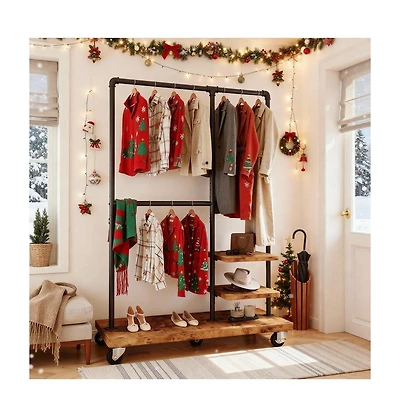 Raybee Clothes Rack, Heavy Duty Clothing Rack, Industrial Pipe Clothes Rack with Shelves, Rolling Garment Rack for Bedroom, Retail Store, Rustic