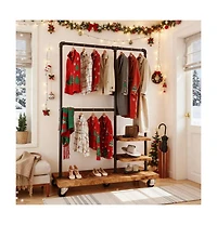 Raybee Clothes Rack, Heavy Duty Clothing Rack, Industrial Pipe Clothes Rack with Shelves, Rolling Garment Rack for Bedroom, Retail Store, Rustic