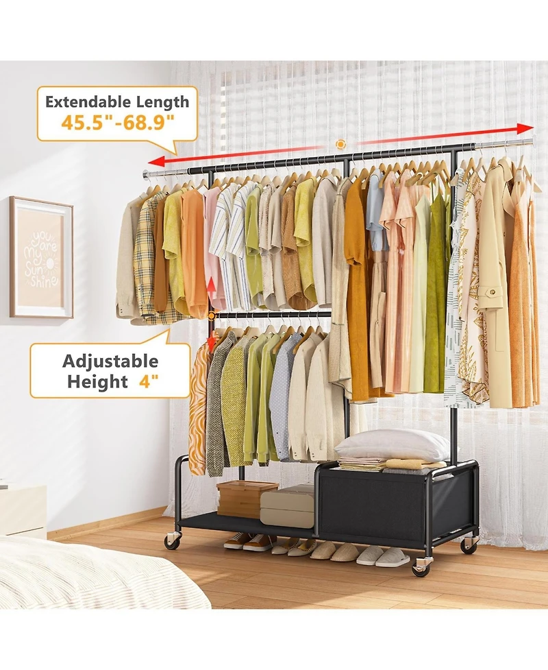 Raybee Clothes Racks for Hanging Clothes with Shelves, Adjustable Clothing Rack with Lockable Wheels, Multi-Functional Closet Rack