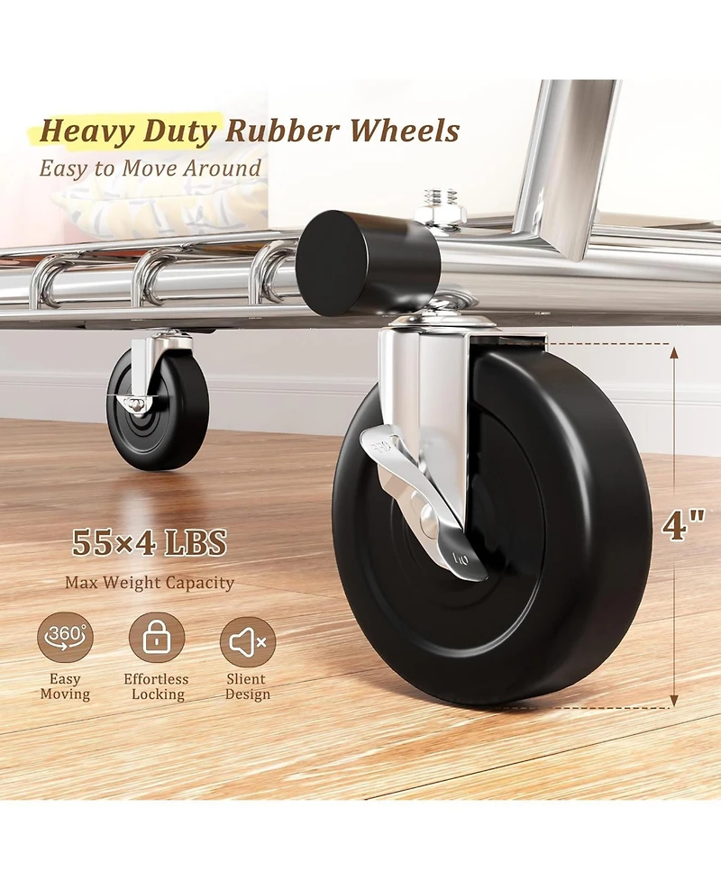 Raybee Heavy Duty Clothes Rack Load 485LBS, Metal Garment Storage with Mesh Shelf & Lockable Wheels, Rolling Clothing Rack